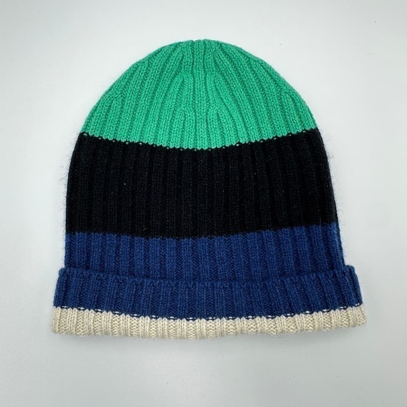 Everlane Cashmere‎ Ribbed Beanie Hat Colorblock Green Blue Black Cream NWT main image 4